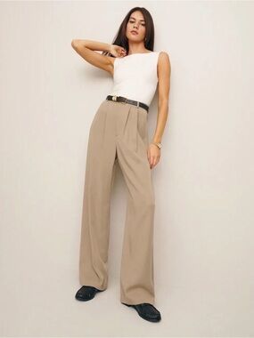 Reformation Mason Pants Taupe Tencel Lyocell Pleated Wide Leg Trousers Size 10